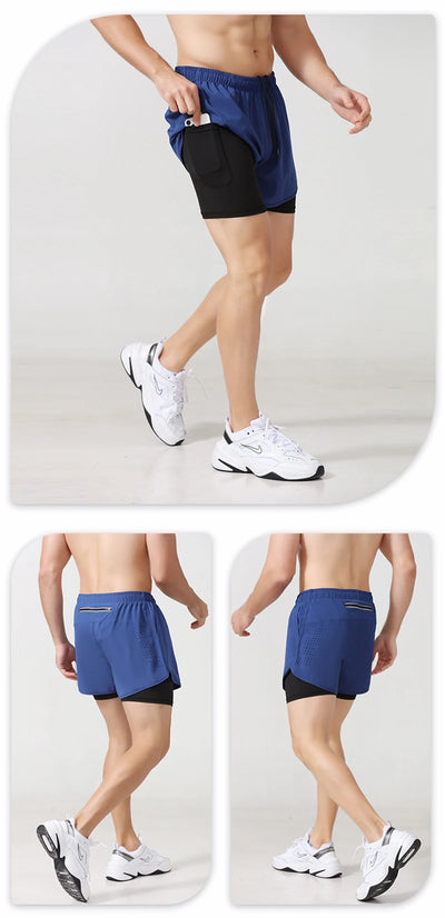 Men's Running Shorts Quick-drying Fitness Black Double Layer Shorts Men New Sport Workout Training Bodybuilding Short Pants - Smarsty