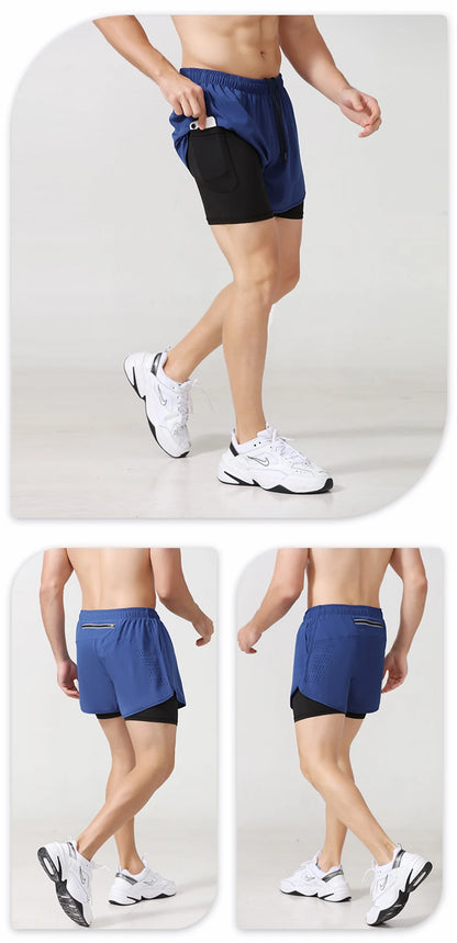 Men's Running Shorts Quick-drying Fitness Black Double Layer Shorts Men New Sport Workout Training Bodybuilding Short Pants - Smarsty