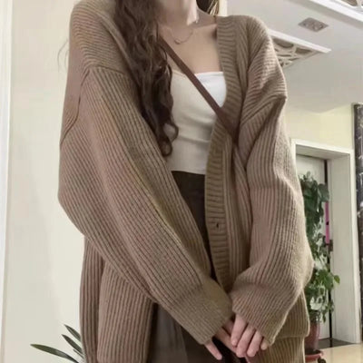 Autumn Winter Women Cardigan Sweater Coats Fashion Female Long Sleeve V-neck Loose Knitted Jackets Casual Sweater Cardigans - Smarsty