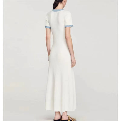 Elegant Contrasting Women Knit Maxi Dress Chic O-neck Short Sleeve Metal Buttons Bodycon Dresses Office Lady Commuting Robe - Smarsty