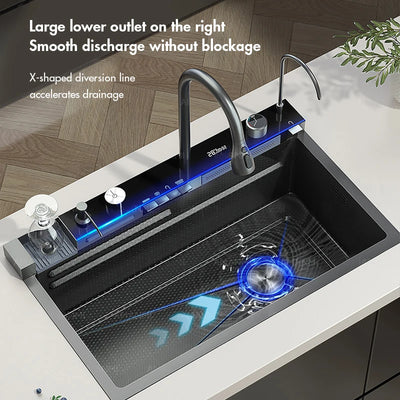 Large Stainless Steel Kitchen Sink with Digital Faucet Display - Smarsty