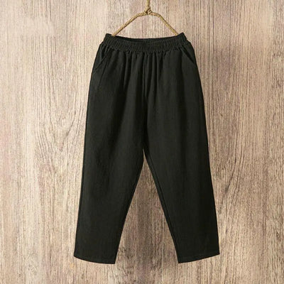 Women Summer Casual Loose Harem Elastic Waist Cotton Linen Pants Ninth Trousers - Smarsty