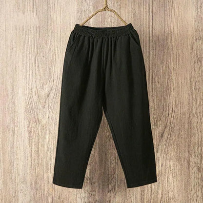 Women Summer Casual Loose Harem Elastic Waist Cotton Linen Pants Ninth Trousers - Smarsty