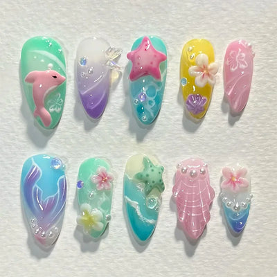 Colorful Press On Almond Nails Set with Pearl Flowers - Smarsty
