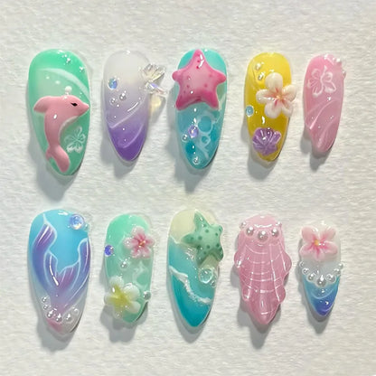 Colorful Press On Almond Nails Set with Pearl Flowers - Smarsty