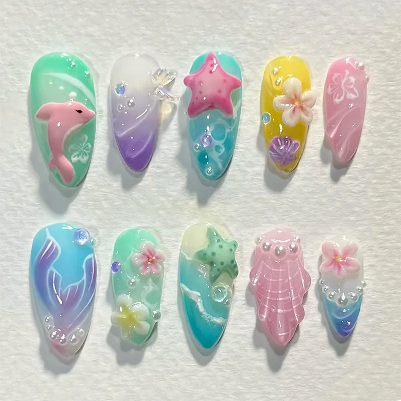 Colorful Press On Almond Nails Set with Pearl Flowers - Smarsty