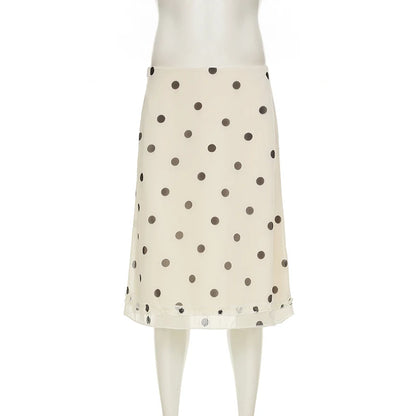 BIIKPIIK Casual Women Polka Dot Skirts Lettuce Trim Beige Elegant Midi Skirts Streetwear Simple All-match Bottom Clothing Spring - Smarsty