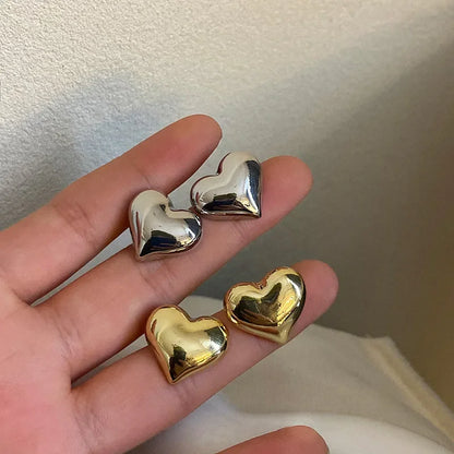 Gold Heart Stud Earrings Minimalist Smooth Bridal Wedding - Smarsty