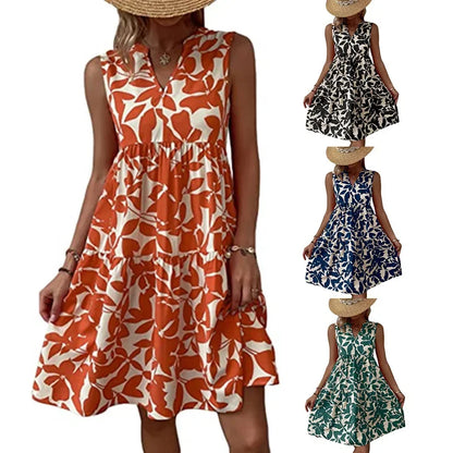 Women Boho Print Mini Dress Summer Elegant Sleeveless V Neck Ruffle A Line Tank Dress Casual Loose Oversize Beach Party Sundress - Smarsty
