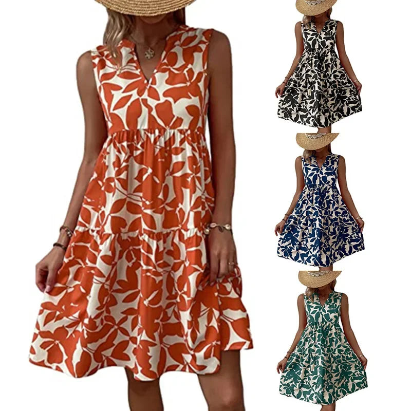Women Boho Print Mini Dress Summer Elegant Sleeveless V Neck Ruffle A Line Tank Dress Casual Loose Oversize Beach Party Sundress - Smarsty