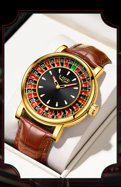 LIGE Waterproof Brown Leather Men's Roulette Watch - Smarsty