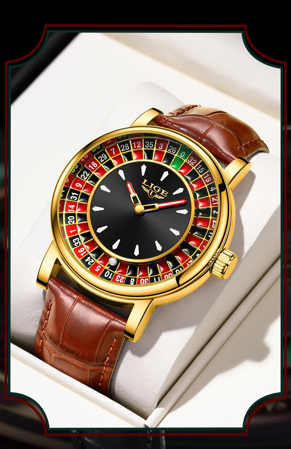 LIGE Waterproof Brown Leather Men's Roulette Watch - Smarsty