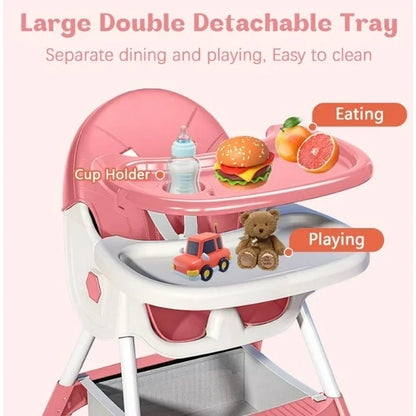 Foldable Baby High Chair 4-in-1 Foldable Reclining Feeding Table Chair Seat 7 Heights With Toyrack Easy To Clean Feeding