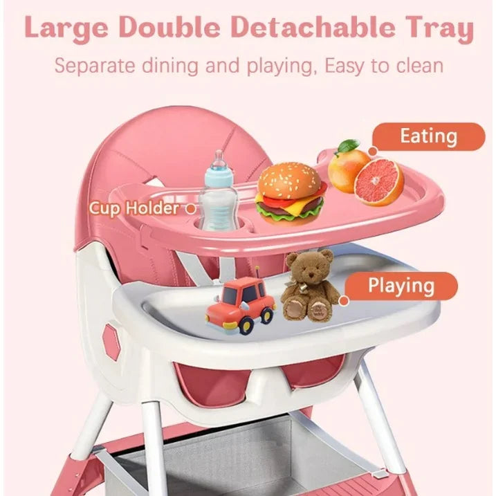 Foldable Baby High Chair 4-in-1 Foldable Reclining Feeding Table Chair Seat 7 Heights With Toyrack Easy To Clean Feeding