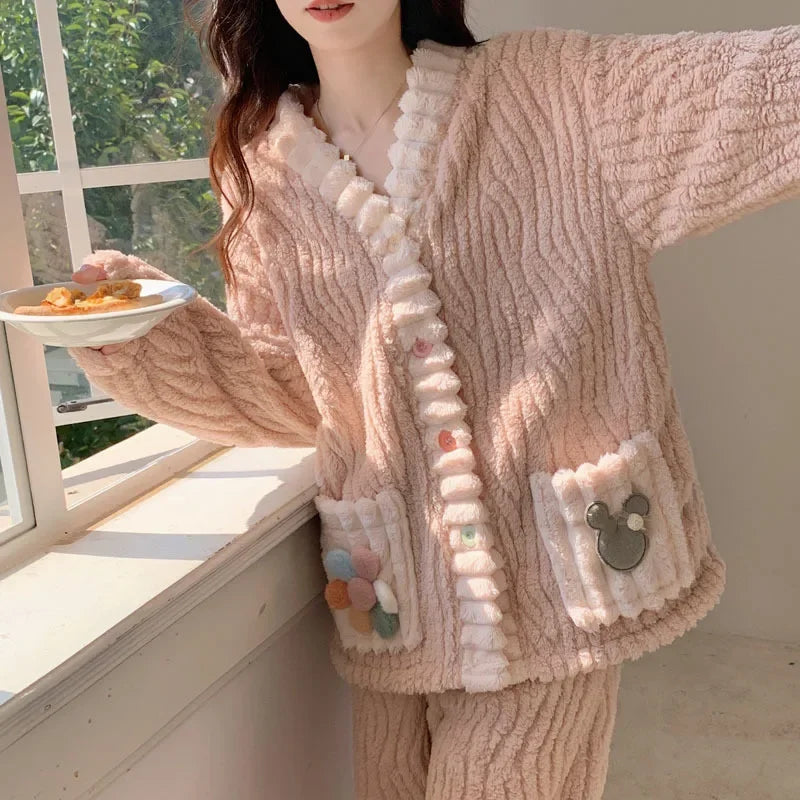 Thickened Warm Flannel Women Sleepwear Loungewear Cardigan Suit Winter Sweet Kawaii Soft Fairy Wind Ladies Pajamas Homewear - Smarsty
