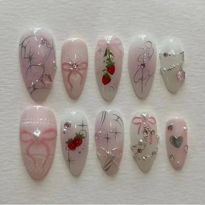 24Pcs Pink Almond False Nails with French Design - Smarsty