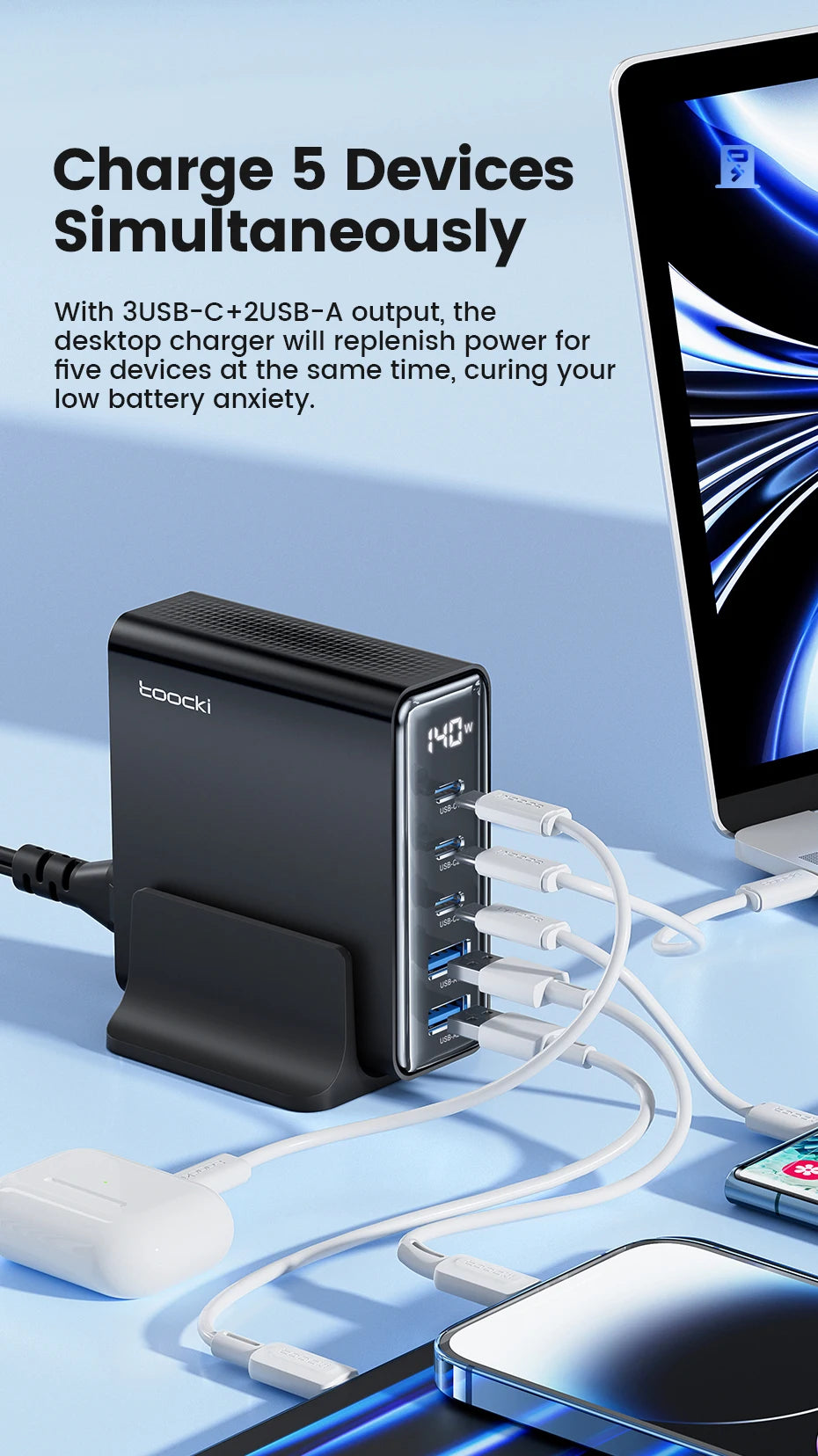 GaN USB Charger Desktop 100W 5in1 With LED Display Pro - Smarsty