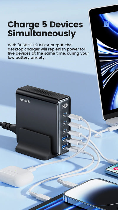 GaN USB Charger 140W 5in1 Desktop with LED Display Ports - Smarsty