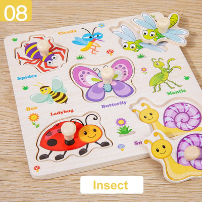 Wooden Puzzle Montessori Toys for Kids Cartoon Animal Traffic Hand Grab Boards Early Learning Educational Toys for Children - Smarsty