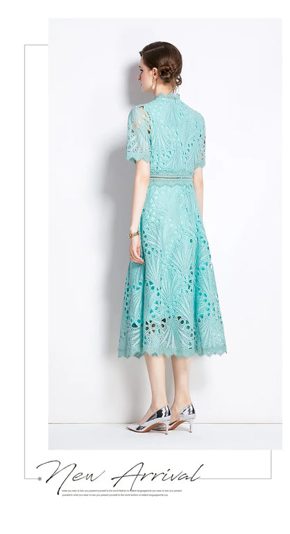 H Han Queen Spring New Elegant Casual Work Party Dresses Floral Crochet Hollow Out Lace Patchwork Casual Office Midi Dress - Smarsty