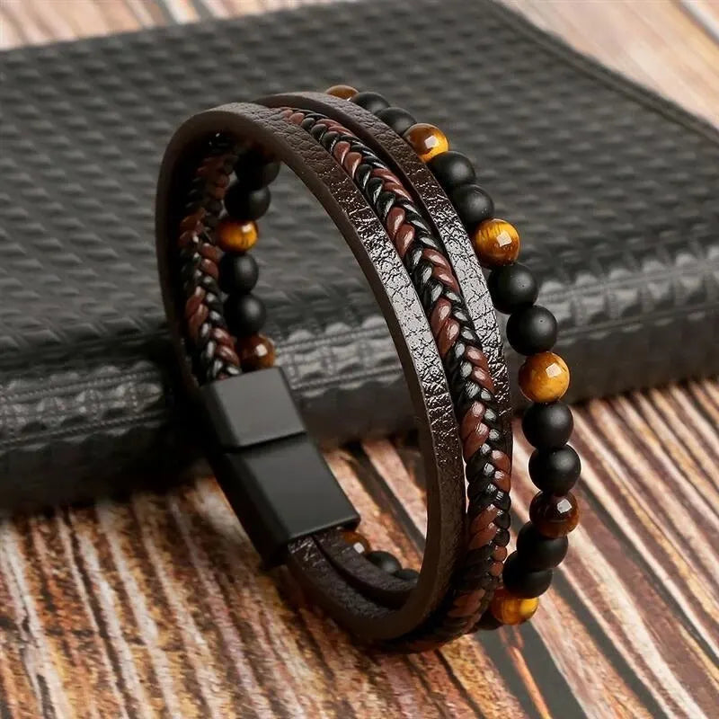 Men Leather Bracelet Multi Layer Tiger Eye Beaded Design - Smarsty