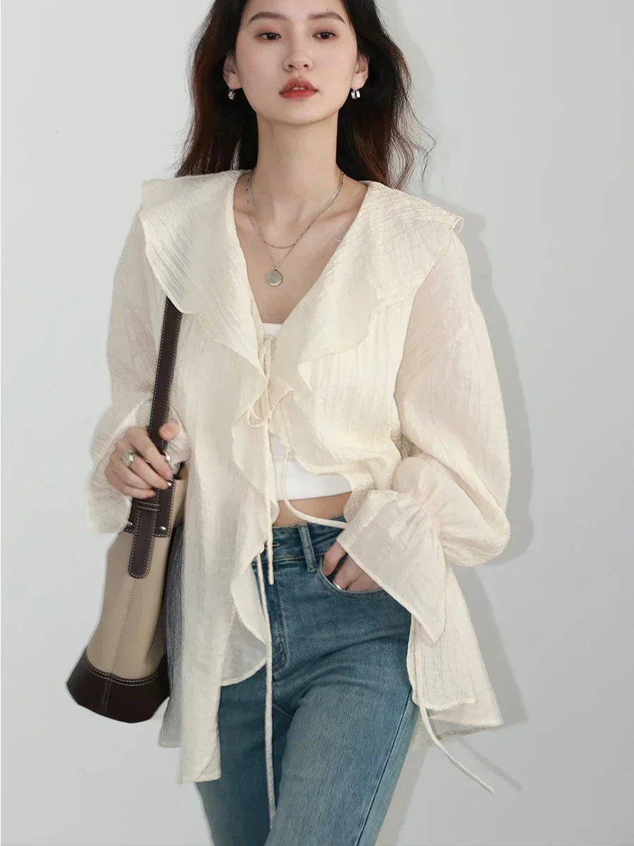 CHIC VEN Women Shirt Loose Casual Ruffled Edges Female Blouses V Neck Lace Up Mid Length Woman Shirts Spring Summer 2024 - Smarsty