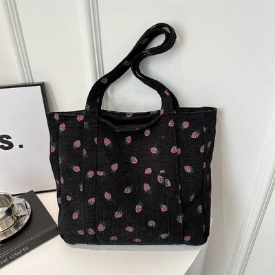 Corduroy Handbag Strawberries Beach Tote Large Capacity - Smarsty