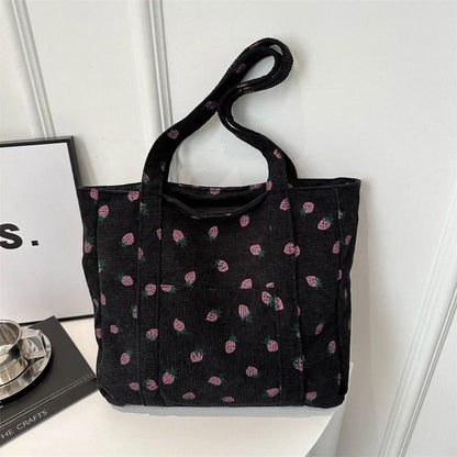 Corduroy Handbag Strawberries Beach Tote Large Capacity - Smarsty