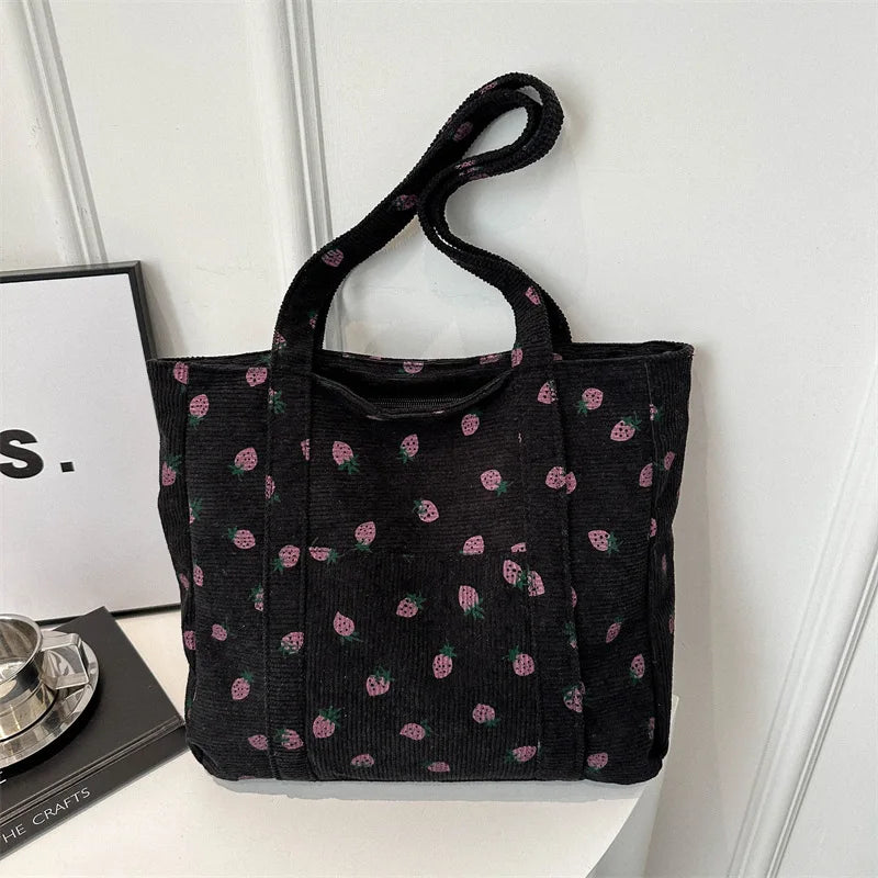 Corduroy Handbag Strawberries Beach Tote Large Capacity - Smarsty
