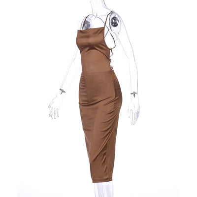 Neon Satin Lace Up Women's Long Midi Dress Light Pink Bodycon Backless Elegant Party Sexy Club Clothes 2022 Summer Dinner Outfit - Smarsty