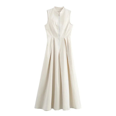 MUJER Zipper Long Dress Woman Pleated Sleeveless Bodycon Dress Summer Elegant Party Dresses For Women 2025 New Midi Dresses - Smarsty