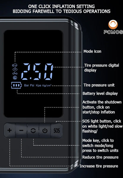 Portable Tire Inflator With LCD Display Wireless Charging - Smarsty