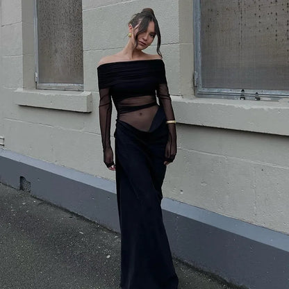 Y2k Summer New Solid Color Long Sleeve Off Shoulder Dresses Sexy Wrap Hip Mesh See Through Ruched Patchwork Long Dress 2024 New - Smarsty