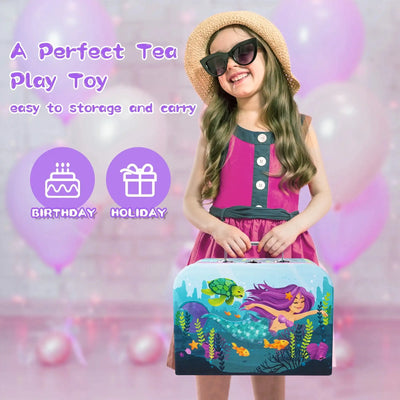 Joyfy Kid Tea Set Mermaid Tea Party Set Princess Pretend Play Tin Teapot Set Kitchen Toy for Girls Toddlers 2 3 4 5 6 Years Old - Smarsty