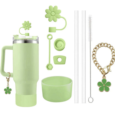 9pcs Accessories Set 3 Spill Proof Stopper Flowers Straw Cover Boot 2 Straw and Brush and 1 Flower Charm Chain for Stanley Cup - Smarsty
