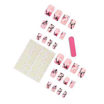 24 Piece Medium Long Fake Nails with Peach Flower Design - Smarsty