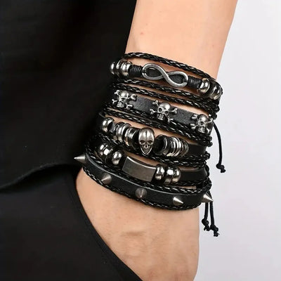 5pcs Punk Style Braided Leather Bracelet Set - Smarsty