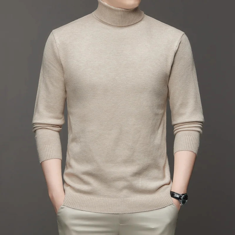 Autumn Mens High Quality Knitted Turtleneck Sweater Slim Fit Long Sleeve Anti-pilling Pullover Solid Color Trend Men Streetwea - Smarsty