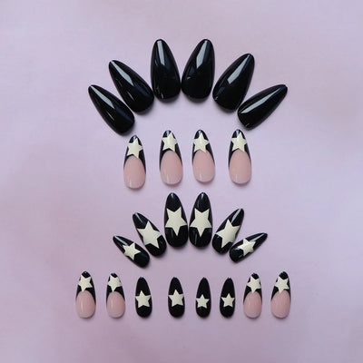 24PCS Medium Pink Black French Tip Press On Nails - Smarsty