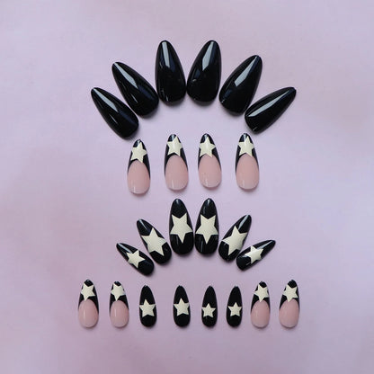 24PCS Medium Pink Black French Tip Press On Nails - Smarsty