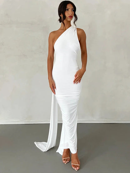 Hugcitar One Shoulder Backless Adjustable Scarf Loop Ruched Sexy Maxi Dress Women Elegant Y2K Streetwear Festival Outfit - Smarsty