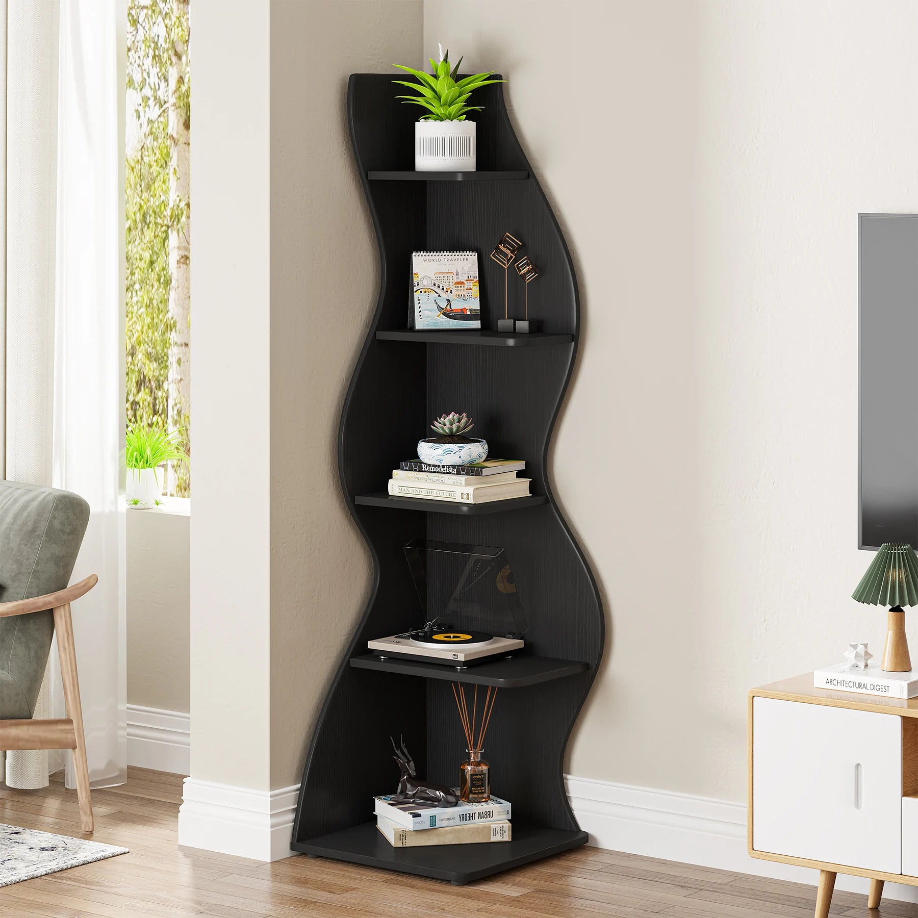 Tribesigns Corner Shelf, Modern 5-Tier Wall Corner Bookshelf, Stylish Corner Small Bookcase Storage Rack Plant Stand