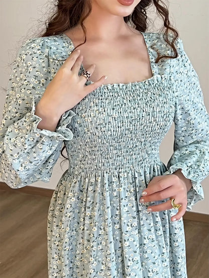 Long Sleeve Casual Dress Women Chiffon Dresses Autumn Spring A-line Printed Floral Elastic Chest Lace Up Midi Dresses Vestidos - Smarsty