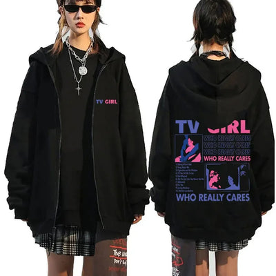 Men Women TV Girl Who Really Cares Graphic Print Zipper Hoodie Fashion Casual Oversized Jacket Fleece Long Sleeve Sweatshirts - Smarsty