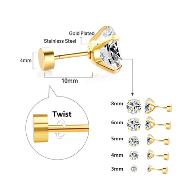 Stainless Steel CZ Stud Earrings Hypoallergenic Screw - Smarsty