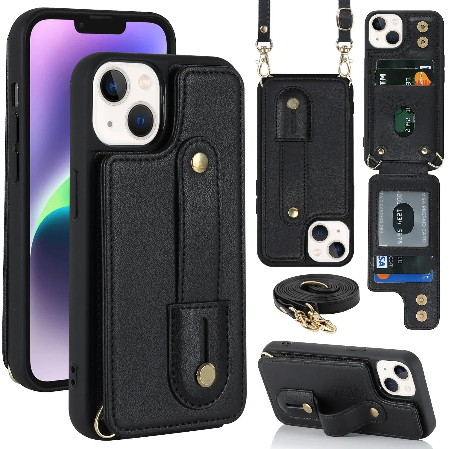 Crossbody Wristband Wallet Leather Cards Solt Case for iPhone 17 16 Pro Max 15 14 12 13 XS Plus SE 2022 Pocket Purse Lanyard Bag