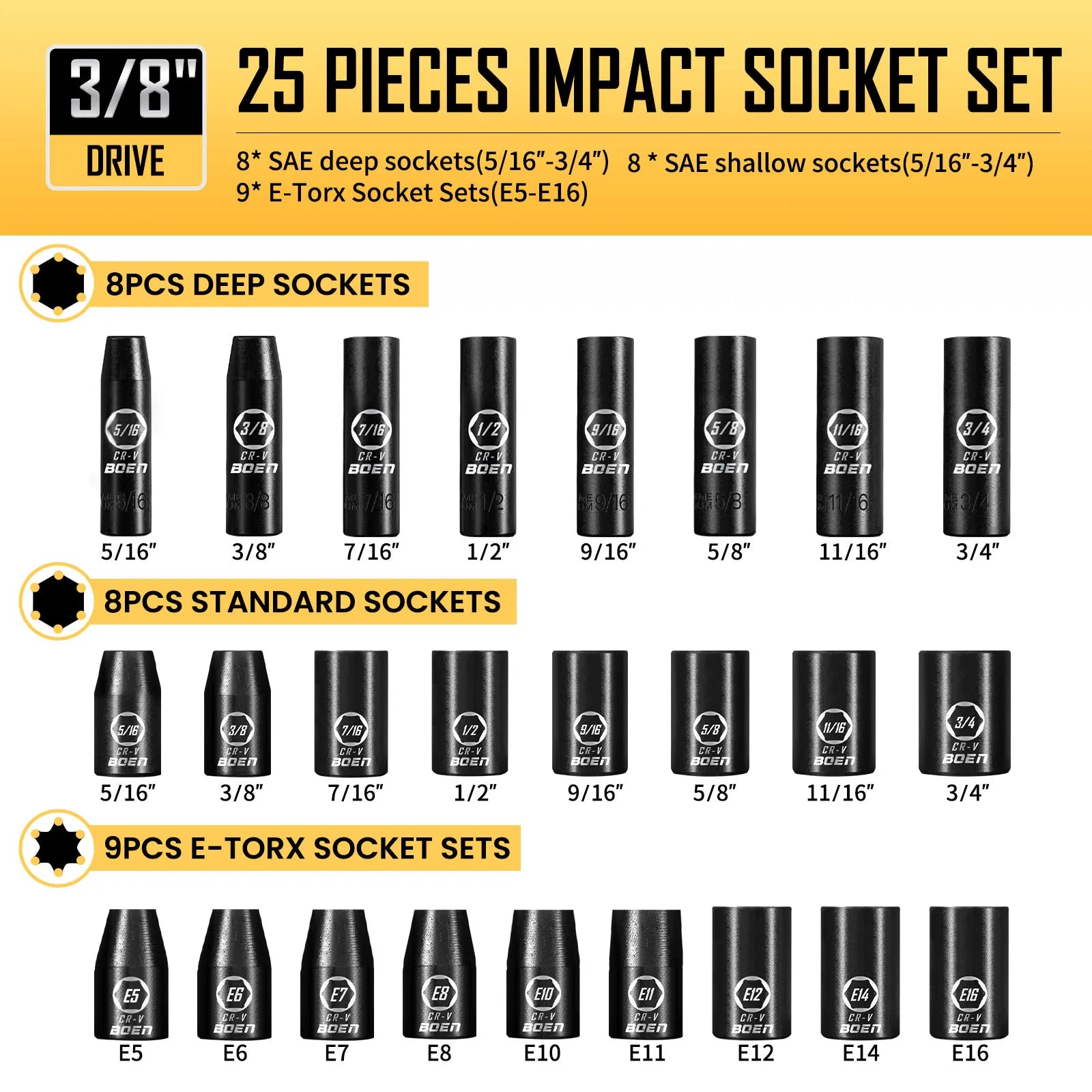 BOEN 3/8" Drive Impact Socket Set, 59-Piece Standard SAE (5/16 to 3/4 inch) and Metric (6-22mm), Include 9-Piece E-Torx Socket