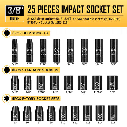 BOEN 3/8" Drive Impact Socket Set, 59-Piece Standard SAE (5/16 to 3/4 inch) and Metric (6-22mm), Include 9-Piece E-Torx Socket
