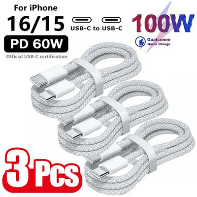 3PCS USB C Cable to USB C 100W Fast Charging Charger Cable Supports Fast Charging For iPhone 16 15 Samsung Xiaomi Huawei etc - Smarsty