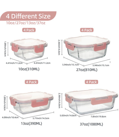 16-Piece Glass Food Storage Containers Set, Leakproof Airtight BPA-Free, Microwave & Oven Safe, Stackable Kitchen Organizers wit